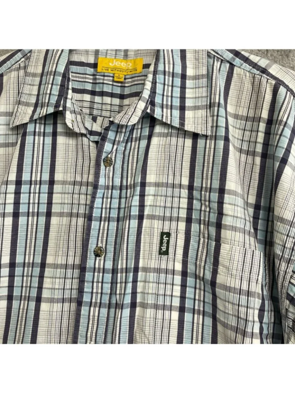 Jeep Men's L Plaid Button-Down Short-Sleeve Shirt Blue & White Casual Wear P0305